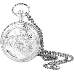 JewelryWe Moederdagcadeau retro zakhorloge met ketting dames heren analoog kwarts kettinghorloge vintage horloge hanger met halsketting cadeau voor vrouwen mannen, Zilver - Trein