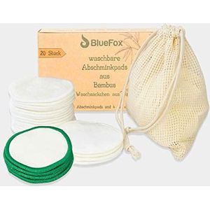 BlueFox Afschminkpads, wasbaar, van bamboe, 20 herbruikbare wattenschijfjes met waszak, gezichtsreiniging, make-up remover pads, geen plastic, biologisch en milieuvriendelijk