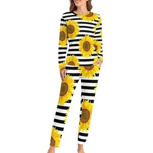 Zonnebloemen Wit Gestreepte Zachte Dames Pyjama Lange Mouw Warm Fit Pyjama Loungewear Sets met Zakken 3XL
