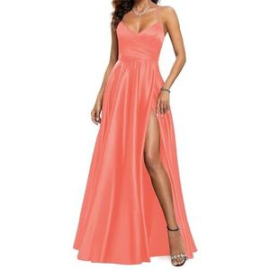 YIANN Satijnen baljurk voor dames, met split en spaghettibandjes, V-hals, formele avondjurk, baljurk, Koraal, 32