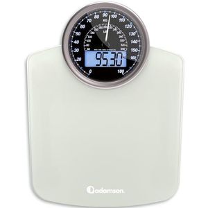 Adamson Hybride + 2-in-1 personenweegschaal, digitaal en analoog, tot 180 kg, dik gehard glas, groot display, gemakkelijk af te lezen + nieuw + wit