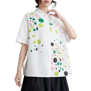 2024 Zomer Vrouwen Oversized Kleurrijke Polka Dot Gedrukt Shirt Tops Revers Half Mouw Losse Casual Flowy Blouse(Color:White)