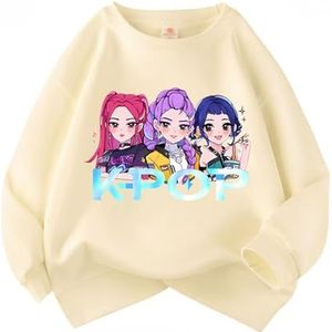 MAOXITCATY Meisjes Sweatshirt met Ronde Hals, Cartoonprint k-pop d-emon Katoenen Kindertrui,Beige,110cm