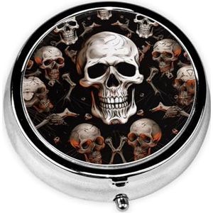 Leuke schedel achtergrond draagbare pillendoos - ronde pillenorganisator, doseerkoffer, 3 compartimenten medicijnpillendoosje voor reizen, kleine pillendoos voor portemonnee en zak