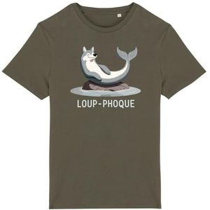 Zeewolf T-shirt – voor heren – bedrukt in Frankrijk – 100% biologisch katoen – cadeau voor dieren verjaardag, originele grappige humor, Kaki, M