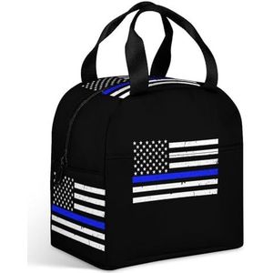 Police Blue Line Amerikaanse vlag dames lunchtas met grote zak geïsoleerde lunchbox voor mannen reizen picknick werk grappig