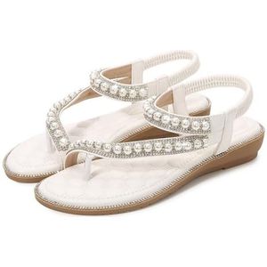 Xytraiihw Glitter Sandalen Vrouwen Zomer, Vrouwen Elastische Band Strass Sandalen Elegante Platte Schoenen Open Teen Slingback Strandschoenen Clip Teen Flip Flops,Wit,36 EU