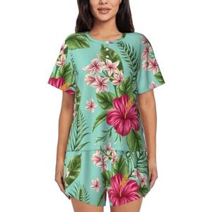 Hawaiiaanse tropische bladeren bloemen print dames zomer zachte tweedelige bijpassende outfits korte mouw pyjama lounge pyjama sets, Zwart, 4XL