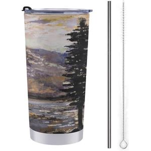 Olieverfschilderij - Mountain Lake Fog Tree Travel Mok Herbruikbare Koffie Cup Water Fles Tumbler met rietje en deksel 20oz