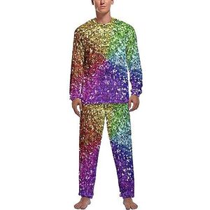 Regenboog Glitter Achtergrond Zachte Heren Pyjama Set Comfortabele Lange Mouw Loungewear Top En Broek Geschenken M