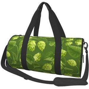 Groene hop en bladeren patroon, grote capaciteit reizen plunjezak ronde handtas sport reistas draagtas fitness tas, zoals afgebeeld, Eén maat