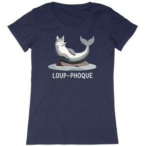 T-shirt met zeewolf, voor dames, bedrukt in Frankrijk, 100% biologisch katoen, cadeau voor dieren, verjaardag, grappig, origineel, Marineblauw, L