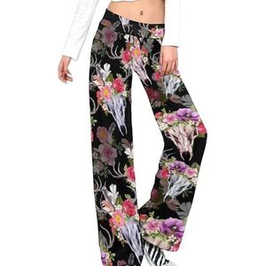 Herten schedels met bloemen damesbroek casual broek elastische taille lounge broek lange yogabroek rechte pijpen