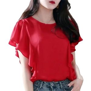 Dames Casual Mode Ruches Patchwork O-hals Chiffon Blouses Dames Zomer Basic Oversized Effen Shirt, Rood, M