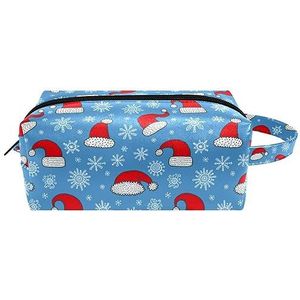 Make-up tas PU-leer,make-up tas voor op reis,Cartoon kerst blauwe rode hoed,Cosmetische organizer voor dames