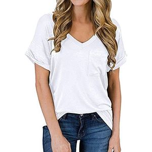 Womens Fit Losse Baggy Korte Mouw V-hals Top T-Shirt Casual Zomer Mode Dames Tee Vakantie Tops (Color : White, Size : M)
