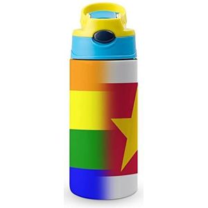 LGBT Pride Suriname Vlag 350 ml waterfles met rietje, koffiebeker, waterbeker, roestvrijstalen reismok voor dames en heren, blauwe stijl