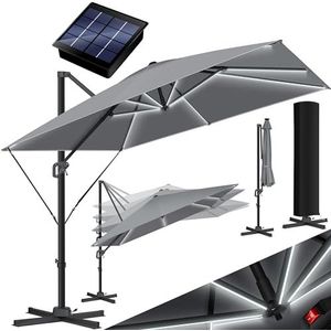 KESSER® Parasol LED Solar zonnescherm SUN XL 300 x 300 cm incl. afdekking + windbeveiliging draaibaar kantelbaar marktscherm groot 360 ° rotatie, tuinscherm met zwengel zonnescherm