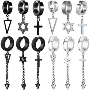12 stks roestvrij staal driehoekige kruis hanger oor clip/gesp oorbellen voor vrouwen mannen zwart/staal kleur hip-hop populaire sieraden