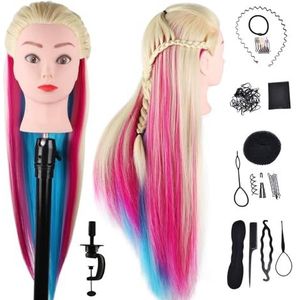 DaizySight Haar Styling Training Hoofd Synthetisch haar, 72cm Cosmetologie Mannequin Hoofd Kappers Mannequin Pop Hoofd met Klem & Styling Tools - Blond & Multicolor