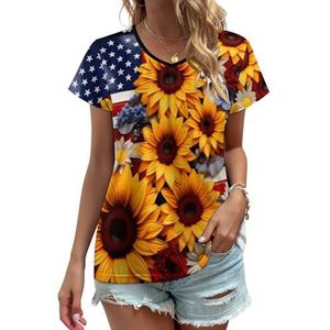 Amerikaanse vlag zonnebloemen dames V-hals T-shirts leuke grafische korte mouw casual T-shirt tops XL