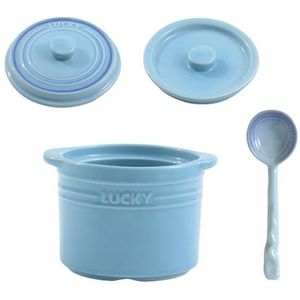 Regenboog keramische stoofpot met deksel (binnen + buiten) en lepel, draagbare kleurrijke soeppan stoombeker voor gestoomde eieren desserts enz., Moederdagcadeau 14 * 9.2cm/5.5 * 3.6inch blue