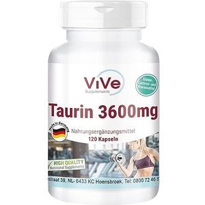 Taurine 3600 mg dagelijkse consumptie, 120 capsules, 900 mg taurine per capsule, hoge dosis en veganistisch, kwaliteit uit Duitsland ViVe Supplements