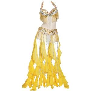 purpleq Dames Buikbuik Carnaval Dansjurk Professionele Indiase Bollywood Halloween BH en Riem Zeemeermin Kostuum 2-delig, geel, L
