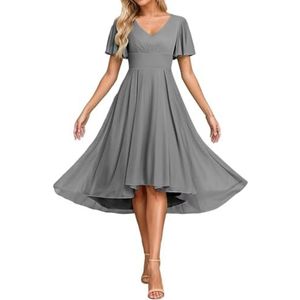Korte Mouw Bruidsmeisje Jurken voor Bruiloft Hoge Lage Chiffon Formele Avond Party Maxi Gown Thee Lengte AH156, Grijs, 32