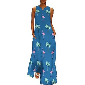 Flamingo palmboom dames enkellengte jurk slim fit mouwloze maxi-jurk casual zonnejurk 5XL