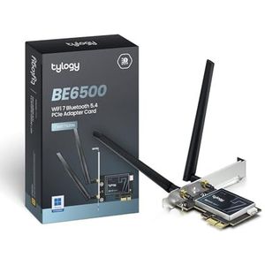 Tylogy PCIe WiFi 7 BE6500Mbps, Bluetooth 5.4, Tri-Band 6GHz/5GHz/2,4GHz, WPA3, externe antennes met zeer hoge versterking, Mediatek MT7925 160 MHz, compatibel met Windows 11