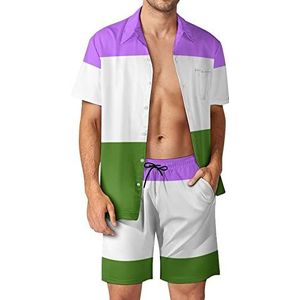 Genderqueer Pride Flag LGBT Hawaiiaanse bijpassende set voor heren, 2-delige outfits, button-down shirts en shorts voor strandvakantie