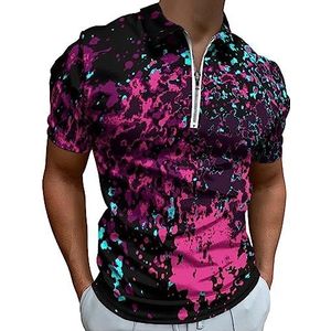 Kleur Splash Zwart Poloshirt voor Mannen Casual Rits Kraag T-shirts Golf Tops Slim Fit