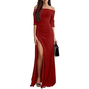 Maxi-jurk voor dames, lang, pailletten, kraag, boot, schouder vrij tot halflang, hoge taille, split jurk, voor avond, cocktail, ceremonie, feest. - rood - 42