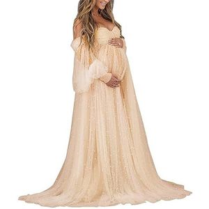 WSEYU Parel Tule Zwangerschapsjurk voor fotoshoot lange gezwollen mouw off-shoulder babyshower bruidsjurken, Champagne, 38
