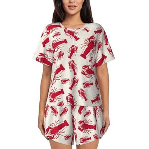 YJxoZH Rode Kreeft Print Vrouwen Zomer Pyjama Sets Nachtkleding Dames Korte Mouw Nachtkleding Pjs Lounge Met Zakken, Zwart, 4XL
