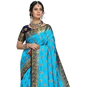 iZibra Kanjivaram Zijden Saree Bruiloft Voor Vrouwen Banarasi Sadi Originele Kanchipuram Pure Paithani Pattu Sari Met Blouse Stuk 2023 (Barmasi), Hemelsblauw, Free