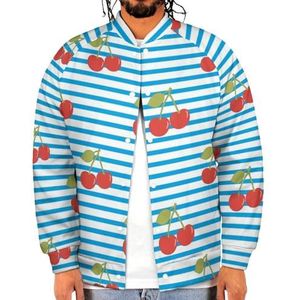 Kersen Patroon Met Blauwe Strepen Grappige Mannen Baseball Jacket Gedrukt Jas Zachte Sweatshirt Voor Lente Herfst
