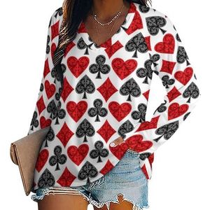 Speelkaart poker dames casual T-shirts met lange mouwen V-hals bedrukte grafische blouses T-shirt tops L