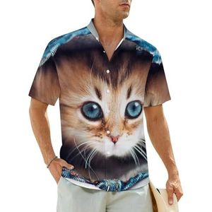 Schattige kat in jeans herenhemden korte mouwen strandshirt Hawaiiaans shirt casual zomer T-shirt 2XL