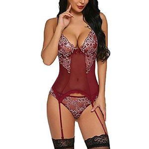 WOZOW Sexy Lingerie Kant Borduurwerk Vrouwen met Ondergoed Kousenband Babydoll Jurk String Transparant, Wijn, S