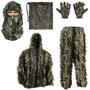 PELLOR 5 stuks Ghillie-pak, 3D-bladcamouflage-uniform Gilly pak, masker, handschoenen, opbergtasset, geschikt voor buitenjacht, natuurfotografie, CS Game