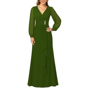 KIYNE Dames lange mouwen moeder van de bruid jurken ruches A-lijn V-hals chiffon formele avondjurk, Olijfgroen, 32