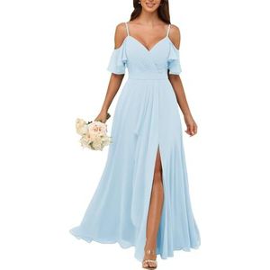 KURFACE Bruidsmeisjesjurken met V-hals en spleet, geplooide koude schouder, chiffon, formele jurk, feestjurk, Lichtblauw, 32