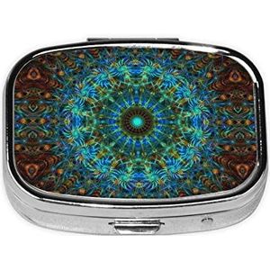 Abstract-Blauw-Goud-Mandala Print Pillendoos Draagbare 2 Compartimenten Metalen Pillendoosje Pil Organizer voor Opslag Vitaminen Visolie Medicatie