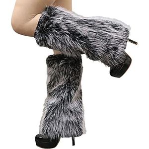 Altsuceser Pluche Fuzzy Faux Fur Beenwarmers voor Vrouwen, Lange Laarzen Schoenen Manchet Cover Knielengte Hipster Warme Sok Zwart Wit 30cm