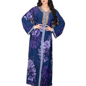 Arabische Marokko Moslim Jurk Abayas Vrouwen Ramadan Print Abaya Dubai Turkije Islam Kaftan Gewaad Blauw XL