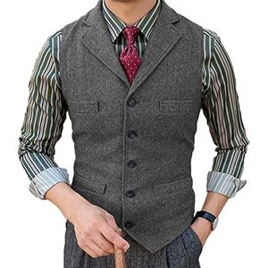 Tuikayoo Herenpak, vest, slim fit, wollen jurk, tweed herringbone voor getuige, grijs, S