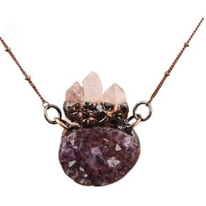 Women Antique Pendant Vintage Necklace Reiki Chakra Quartz Crystal Stone Bronze Chain Necklace Yoga Meditation Jewelry (Color : Purple White Quartz-01)