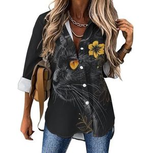 Zwarte kat met gele ogen en bloem dames shirt met lange mouwen casual blouses button down tops print